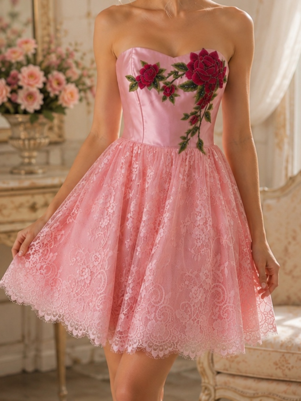 Sherri Hill Pink 3D Red Rose Floral Lace Strapless Homecoming Cocktail Dress 2 S